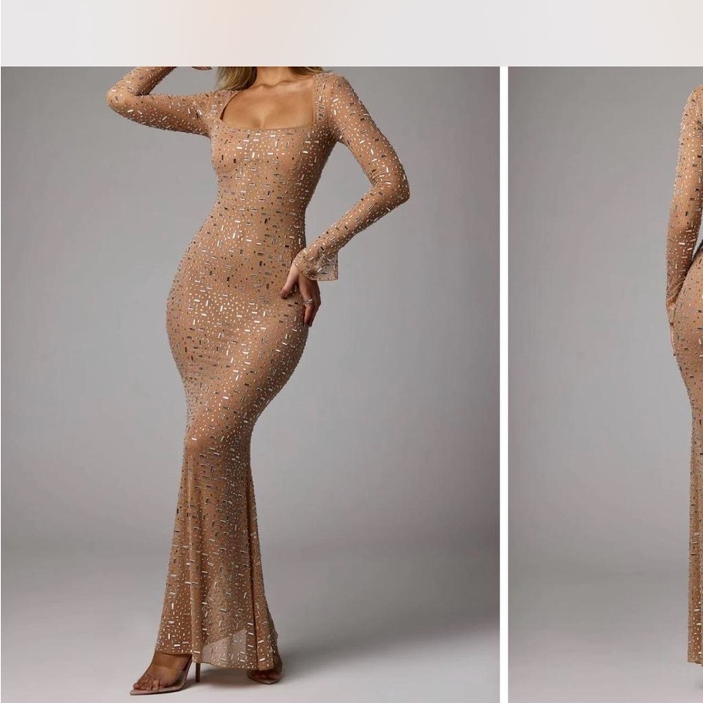 Oh Polly Tan Long Sleeve Sequin Dress